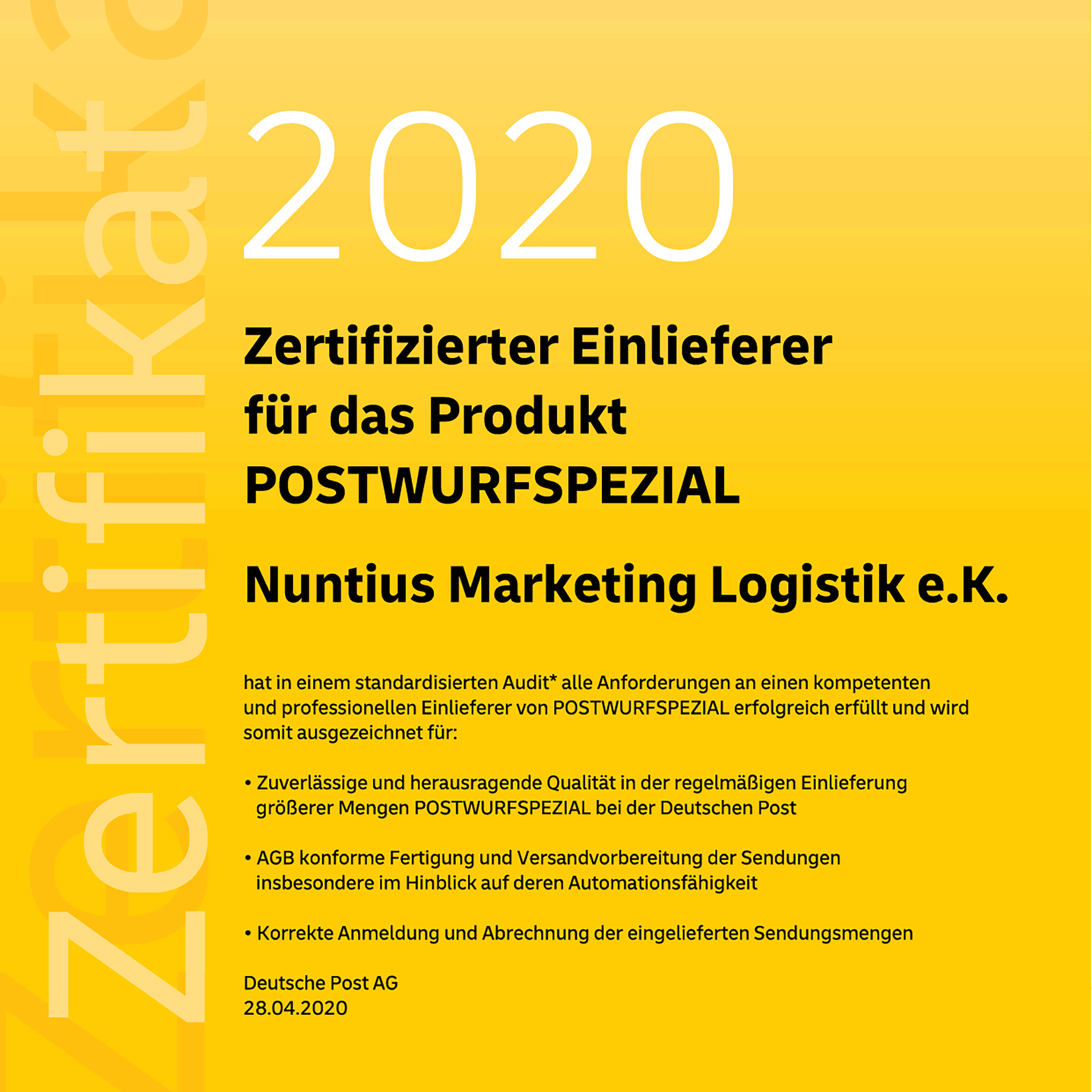 Zertifikat Postwurfspezial