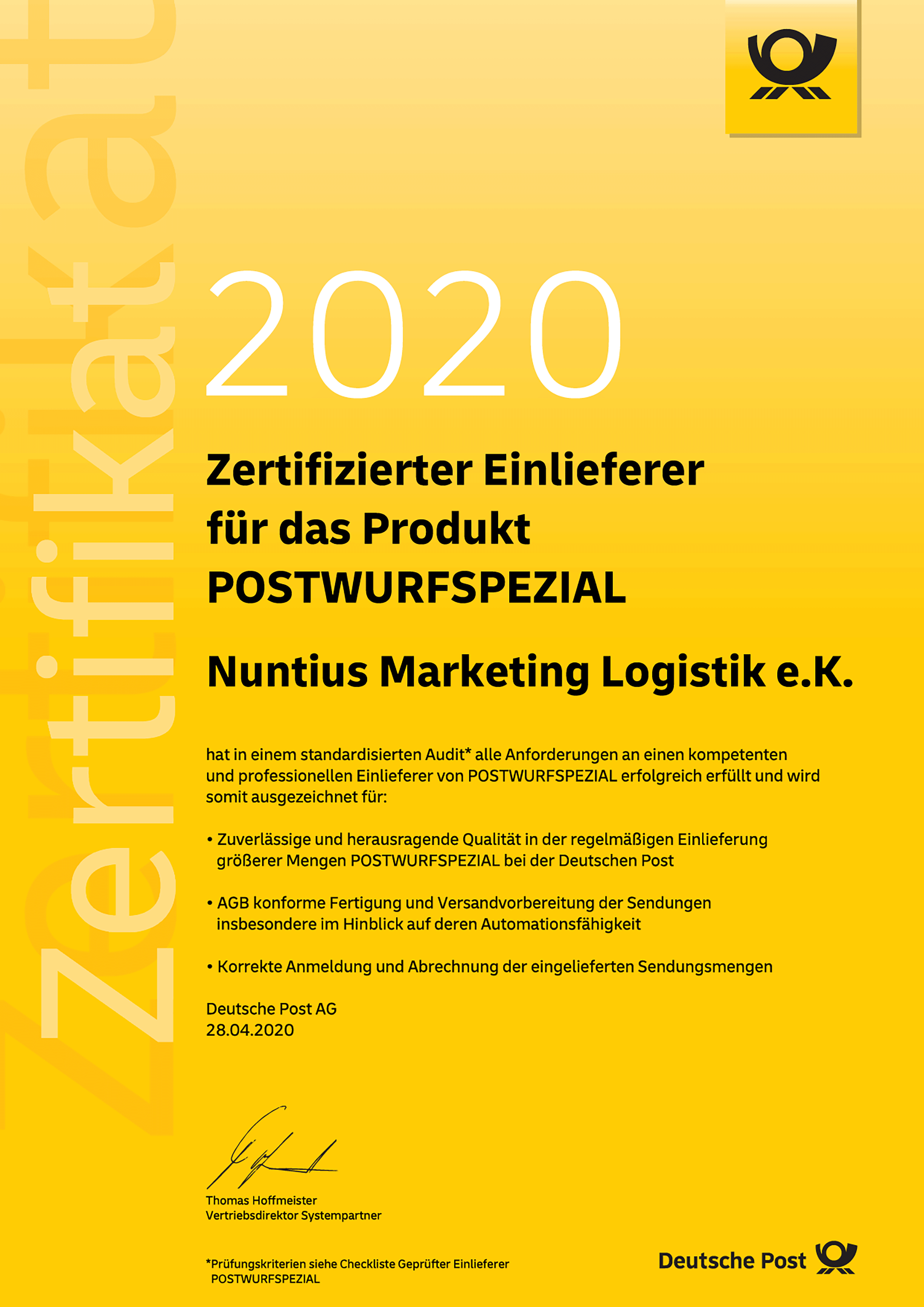 Zertifikat der Deutschen Post AG für Postwurfspezial